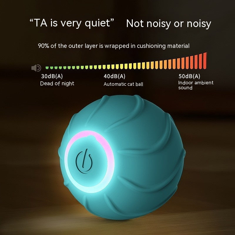 Blue cat toy ball glowing LED, showing noise level comparison chart