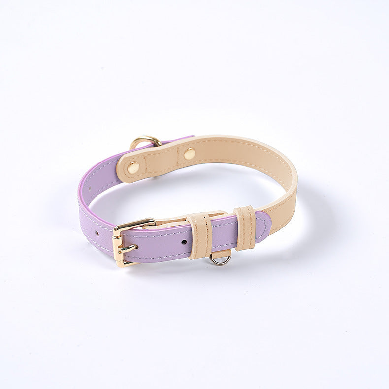 Lavender and beige adjustable leather dog collar with gold buckle and D-ring