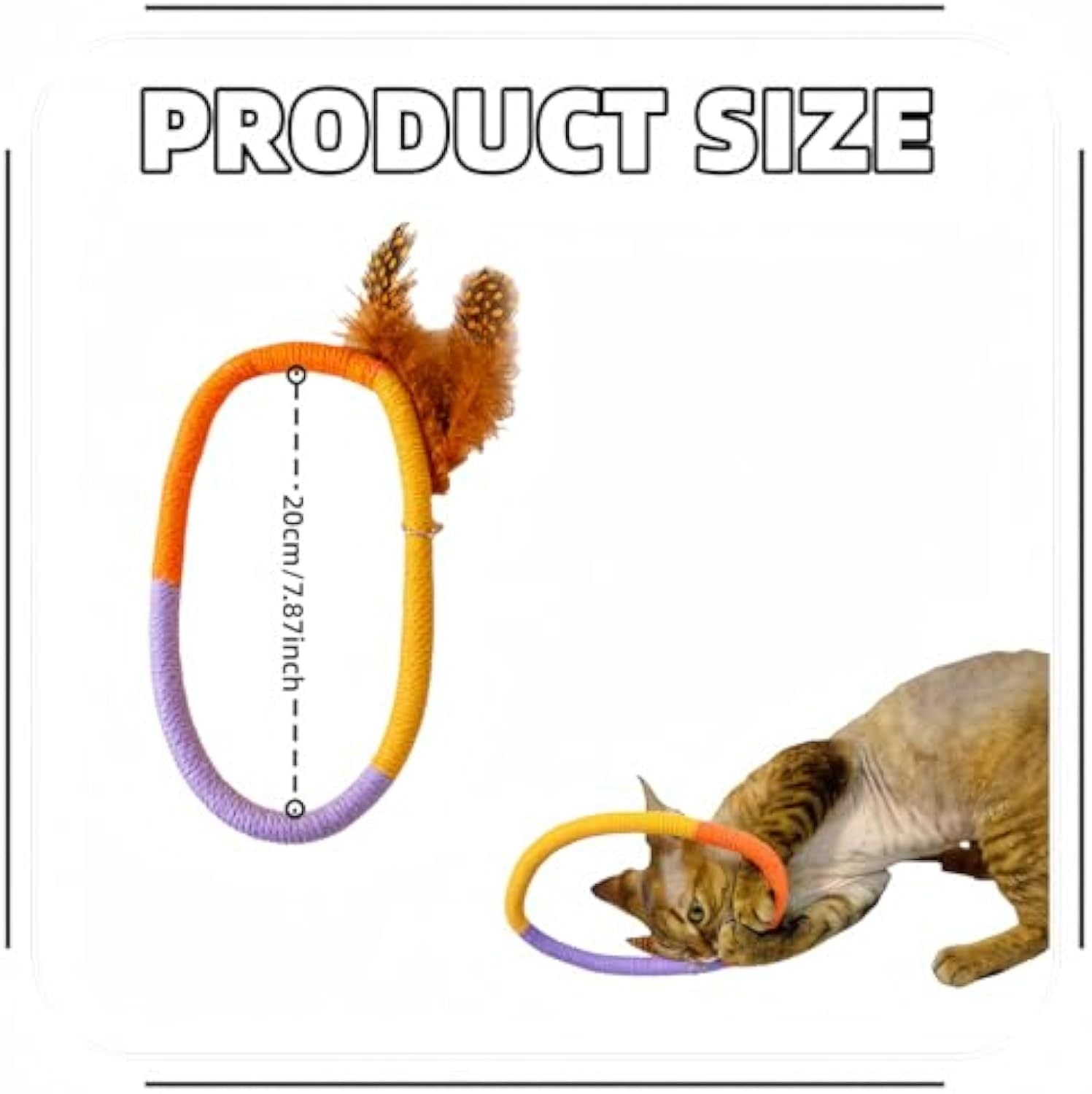 Orange-yellow-purple cotton rope toy held above a playful cat reaching for feather attachment