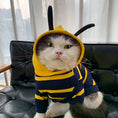 Load image into Gallery viewer, Cat wearing yellow and navy striped bee hoodie with hood and black antennae sitting on black leather couch
