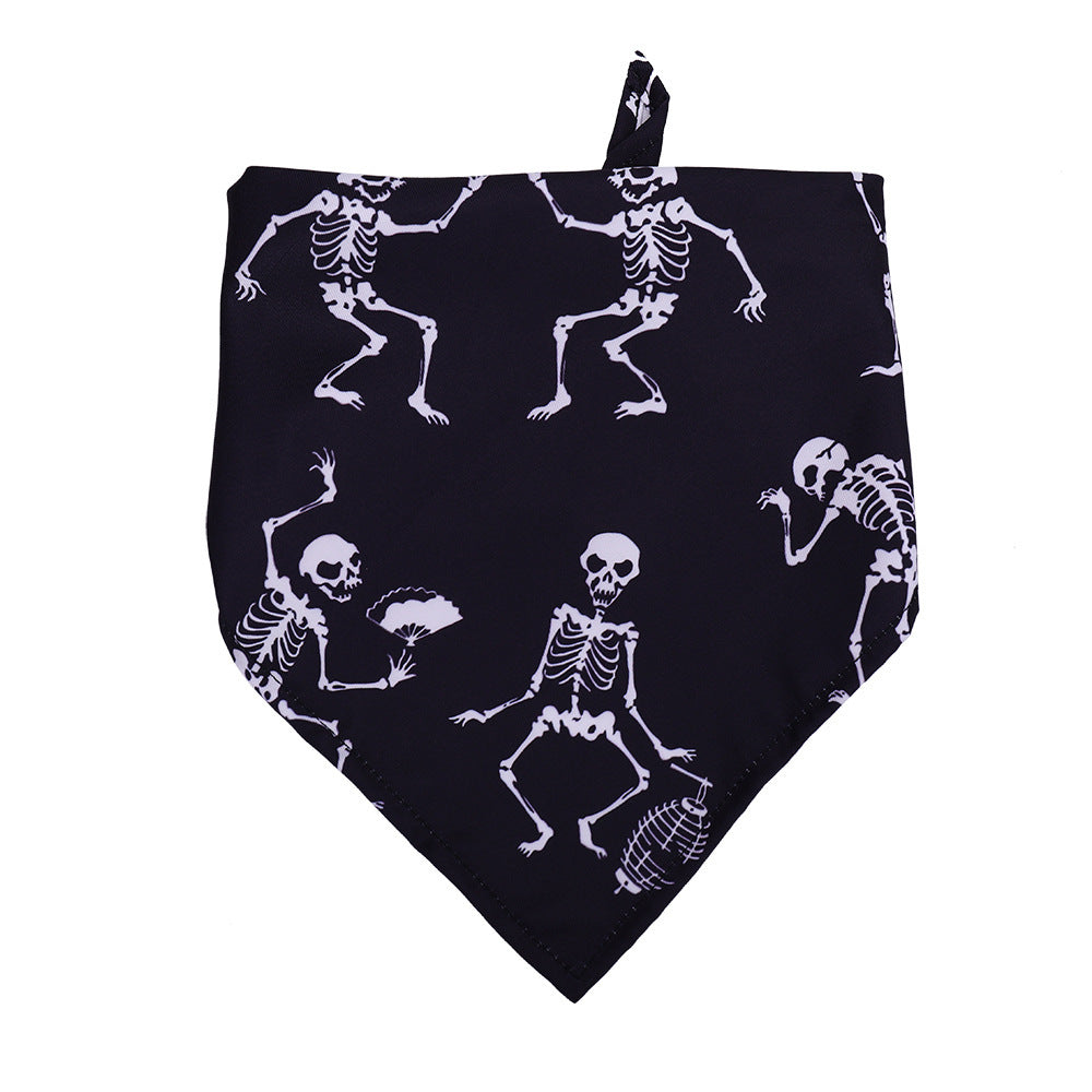 Close-up of black dog bandana with white skeleton dance pattern