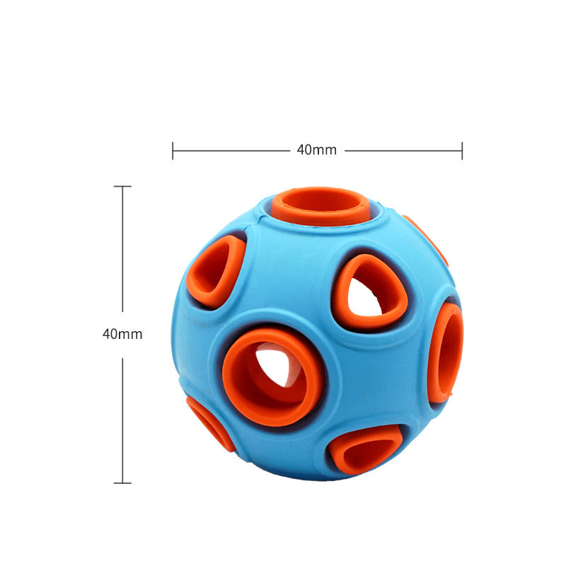 Blue and orange dog toy ball, close-up at 40mm size highlighting hole structure.