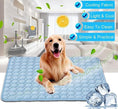 Cargar la imagen en la vista de la galería, Golden retriever resting on light blue breathable pet cooling mat with ice cubes and cooling fabric benefits icons
