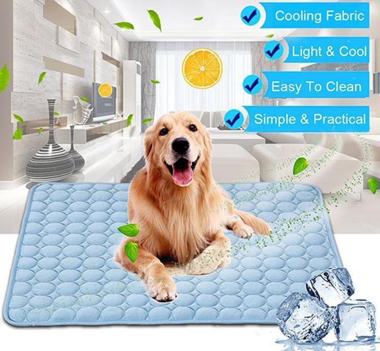 Repeat image of golden retriever on light blue pet cooling mat with cooling fabric description
