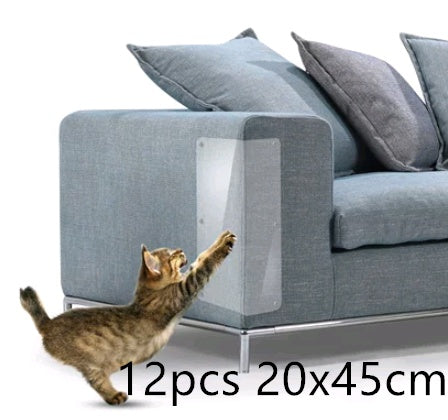 Twelve transparent claw protector pads on gray sofa corner with cat scratching