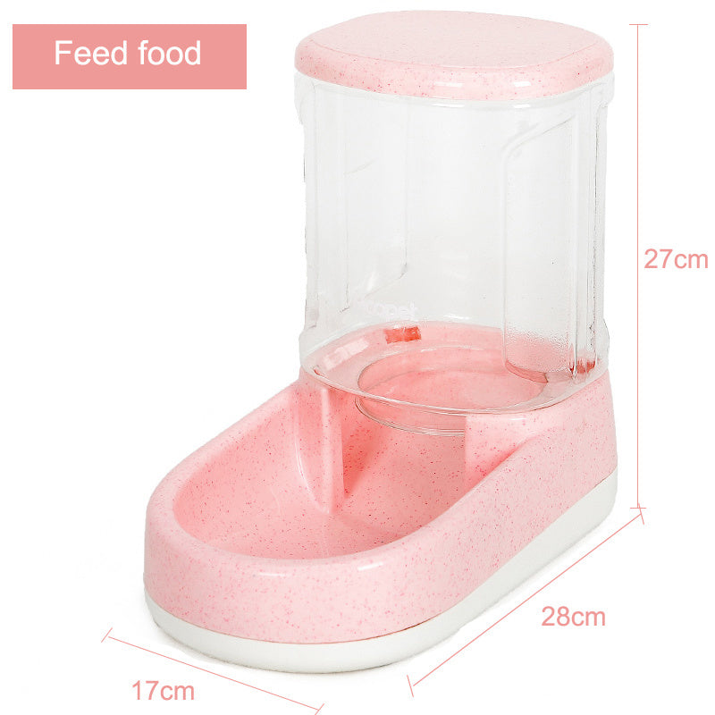 Pink automatic pet feeder with clear dry food reservoir and dimensions visible