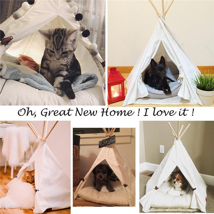 Collage of cats and dogs comfortably resting inside the white pet teepee
