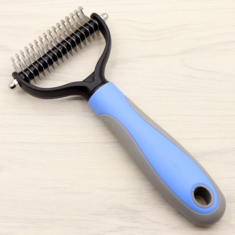 Blue and pink double-sided dog grooming combs viewed from the top