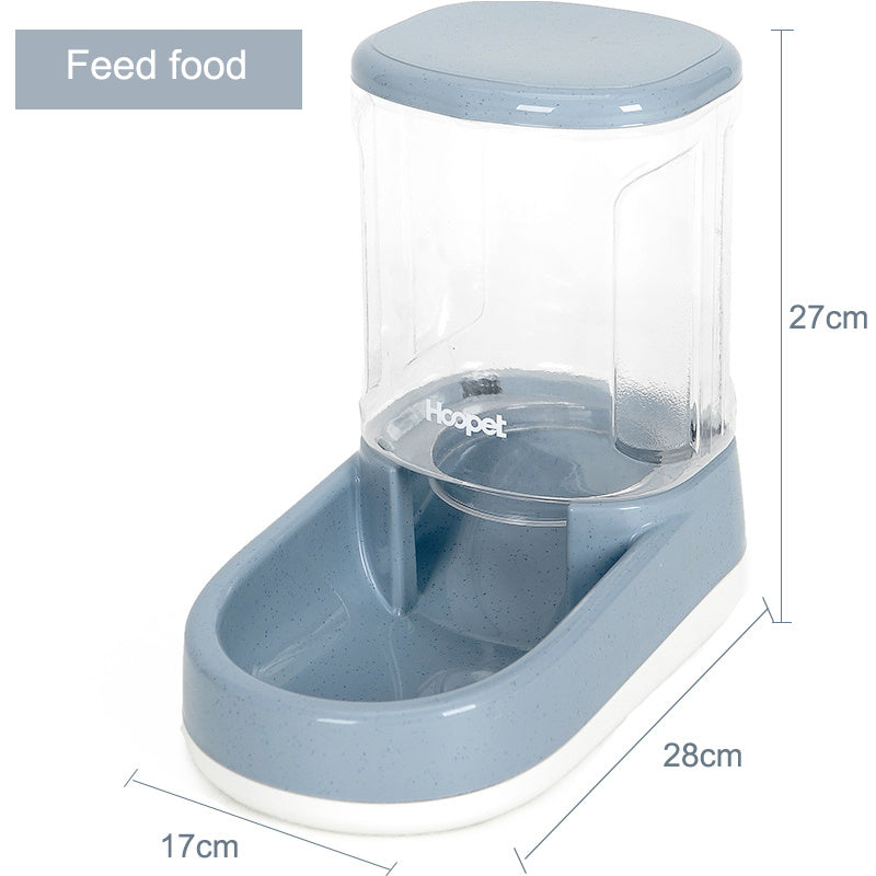 Gray automatic pet feeder with clear food container and dimensions shown