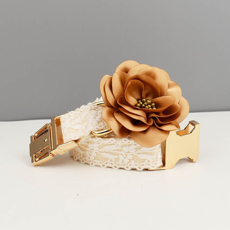 Close-up of dog collar with cream lace and detachable beige flower embellishment