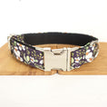 Load image into Gallery viewer, Adjustable purple floral dog collar with silver quick-release buckle displayed on wooden board
