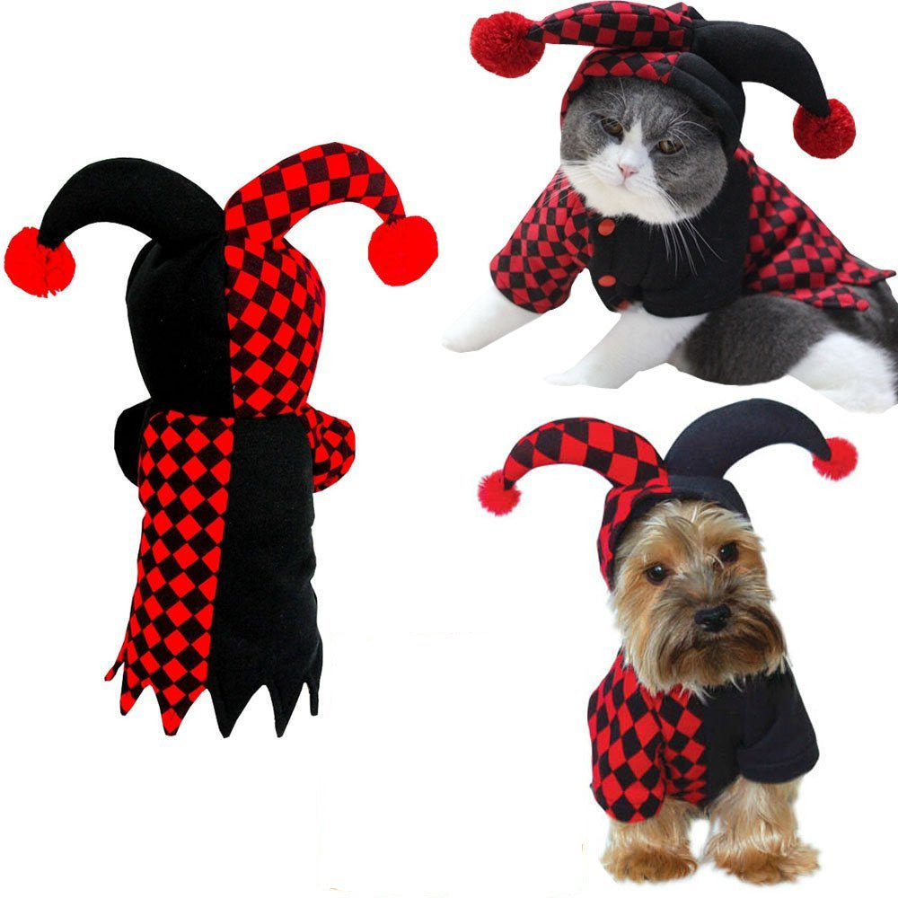 Front and back view of a black and red checkered jester pet costume shown on a cat and a dog
