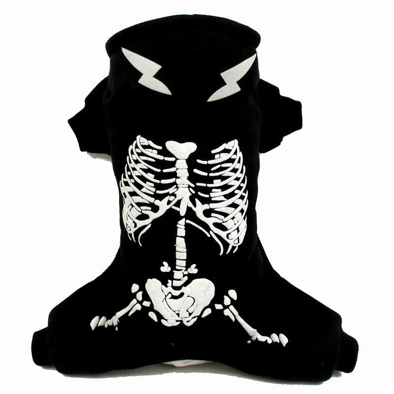 Black skeleton print dog jumpsuit with lightning bolt hood, laid flat on white background