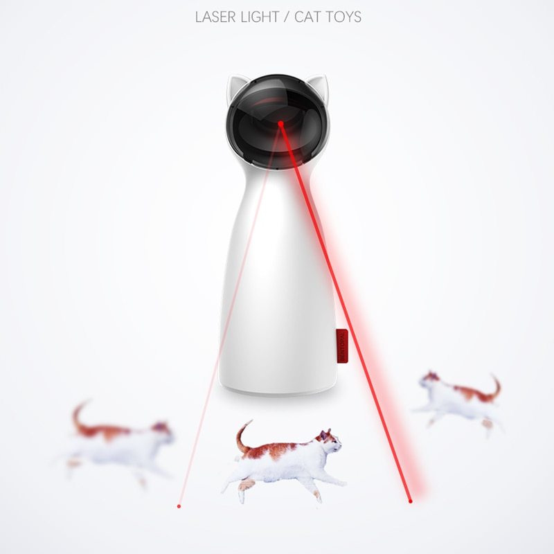 White cat-shaped automatic laser toy projecting red laser beams with playful cats chasing the light