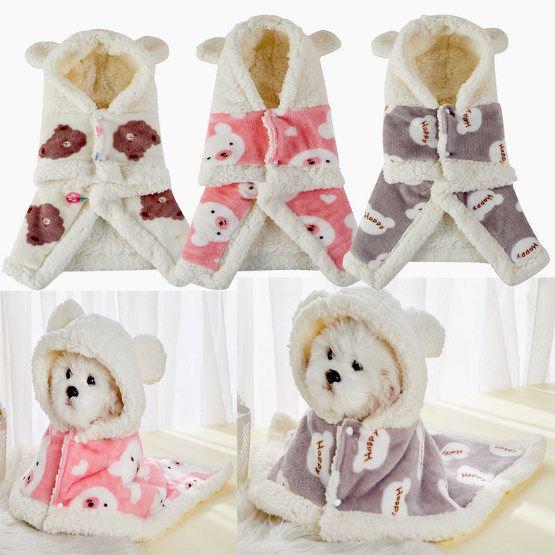 Three flannel hooded pet shawls in brown, pink, and gray with different prints and bear ears, displayed laid flat