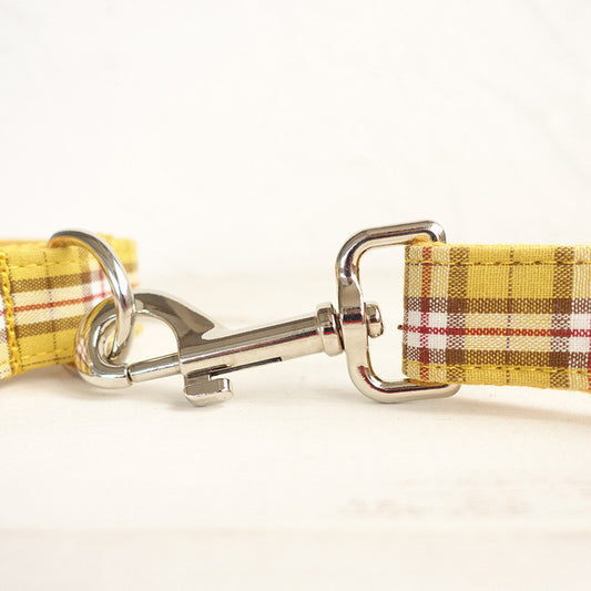Close-up of sturdy metal clasp on leash with yellow plaid fabric