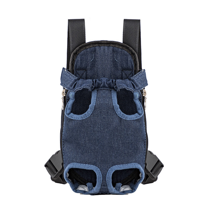 Front view of denim-style portable chest shoulder pet carrier