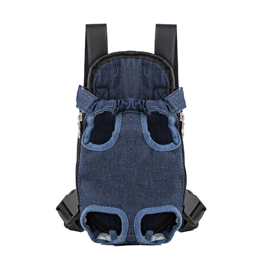 Front view of denim-style portable chest shoulder pet carrier