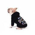 Load image into Gallery viewer, Bulldog wearing the black hooded dog sweater with colorful print sitting on white background
