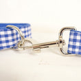 Load image into Gallery viewer, Close-up of metal clasp on blue plaid dog leash
