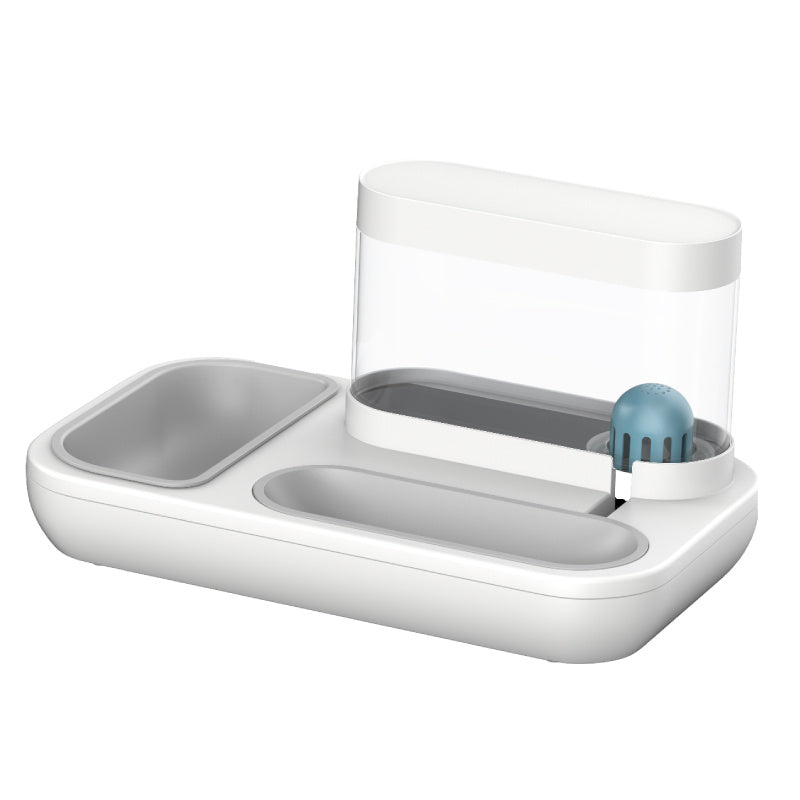 3D render of white and gray automatic pet feeder showing dual compartments and clear water reservoir with purifier