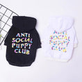 Load image into Gallery viewer, Black and white plush hooded dog sweaters with colorful ANTI SOCIAL PUPPY CLUB print

