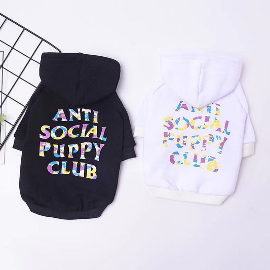 Black and white plush hooded dog sweaters with colorful ANTI SOCIAL PUPPY CLUB print