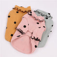 Load image into Gallery viewer, Three ribbed cotton dog shirts laid flat in yellow, pink, and mint green with black polka dots and ruffled edges
