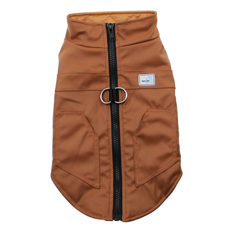Single brown quilted waterproof pet jacket with black zipper and front pockets displayed flat