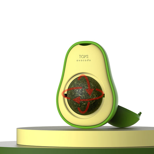 Close-up of avocado shaped catnip toy showing 360-degree rotation capability of the ball