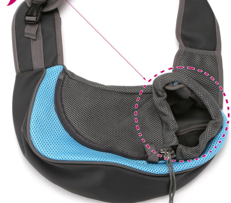 Light blue and gray pet sling carrier with close-up on pet opening feature