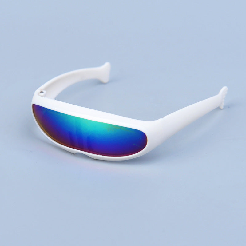 White-framed sunglasses with blue-green reflective lenses on blue background