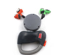 Load image into Gallery viewer, Gray and black dual retractable dog leash with orange and green nylon straps and metal clips displayed on white surface
