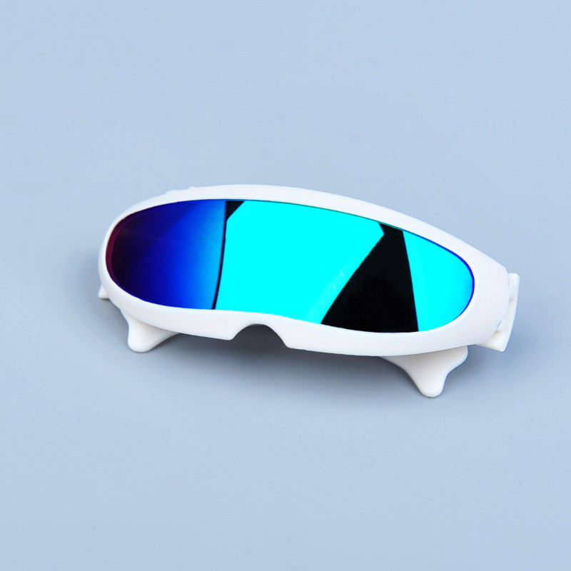 Close-up of white-framed sunglasses with bright blue reflective lenses