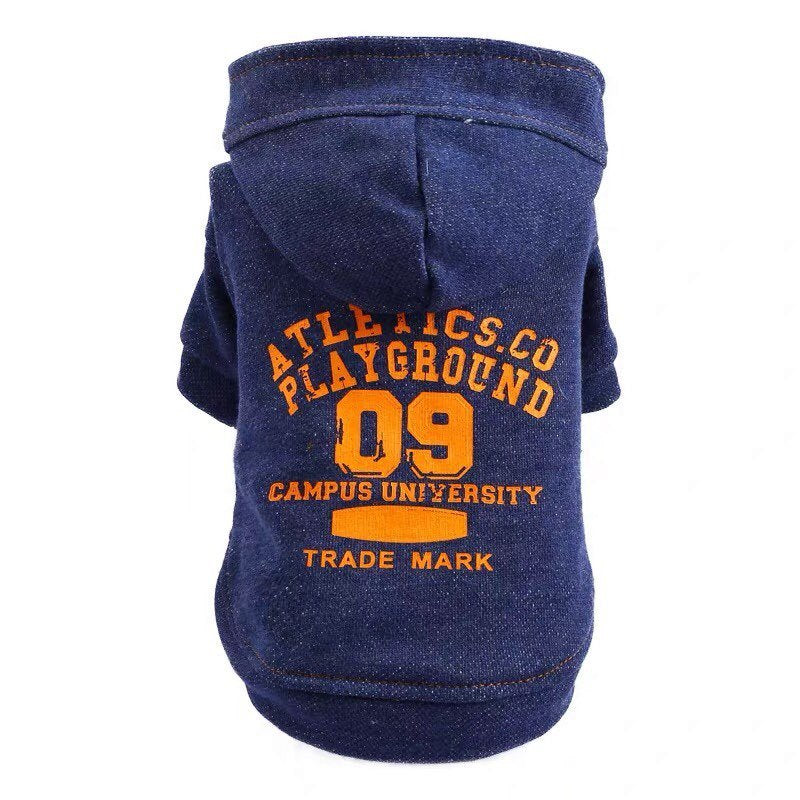 Front of denim style dog hoodie with orange '09' print