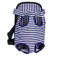 Load image into Gallery viewer, Blue and white striped chest pet carrier with padded leg openings
