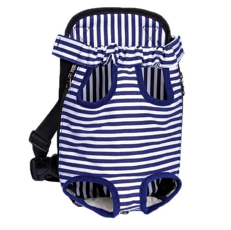 Blue and white striped chest pet carrier with padded leg openings