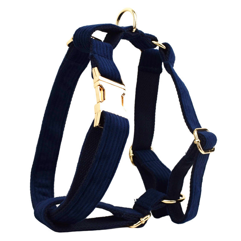 Navy blue corduroy adjustable dog harness with gold rings and buckle