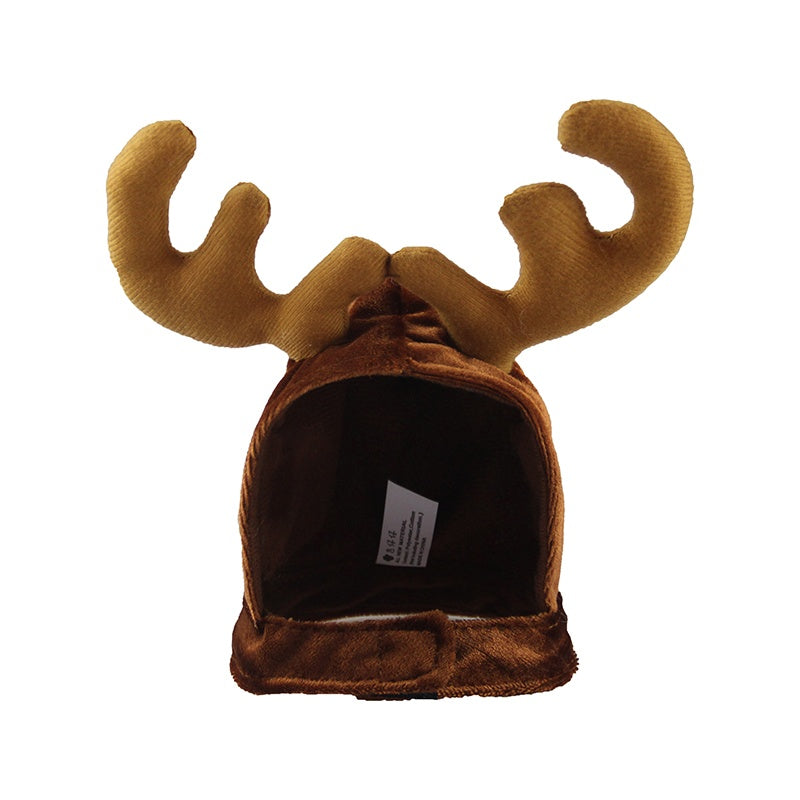 Rear view of brown reindeer pet hat with plush antlers and Velcro strap