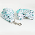 Load image into Gallery viewer, Small leaf patterned dog collar and leash set with silver metal clips and matching bow tie

