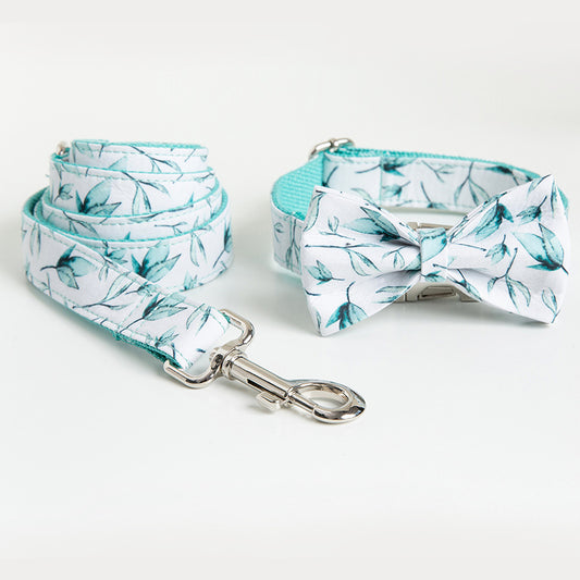 Small leaf patterned dog collar and leash set with silver metal clips and matching bow tie