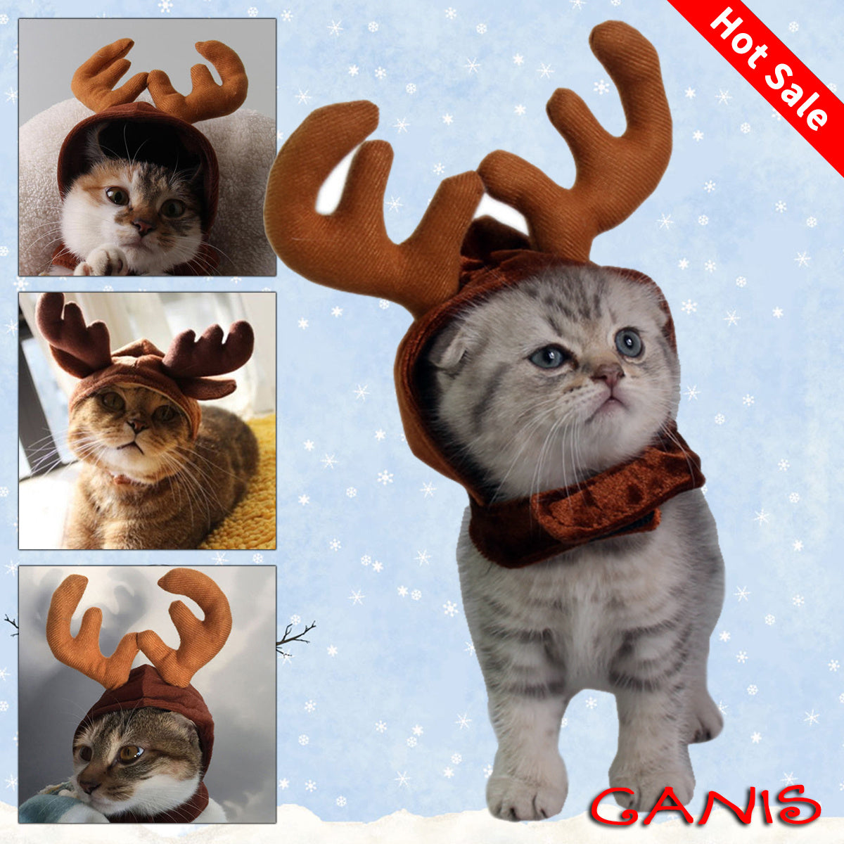 Cat wearing brown reindeer antler hat with soft plush antlers