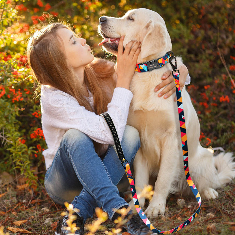 Golden retriever dog wearing colorful geometric collar linked to matching leash being petted by a girl