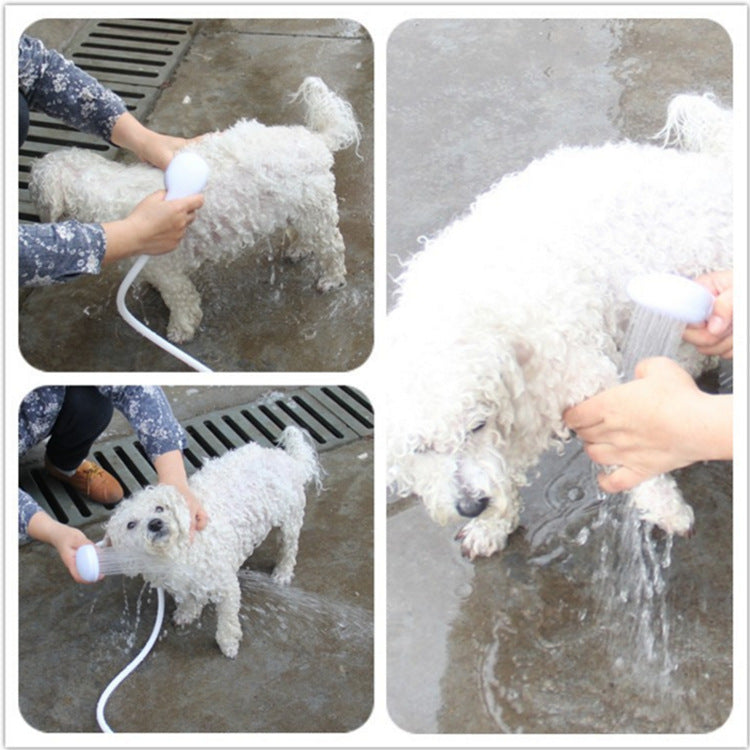 Person washing white curly-haired dog using pet shower head outdoors