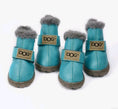 Cargar la imagen en la vista de la galería, Set of turquoise blue dog winter boots with gray faux fur lining
