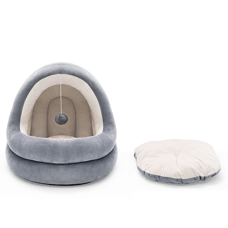 Gray plush pet cave bed and removable cream-colored cushion displayed separately on white background showing product components