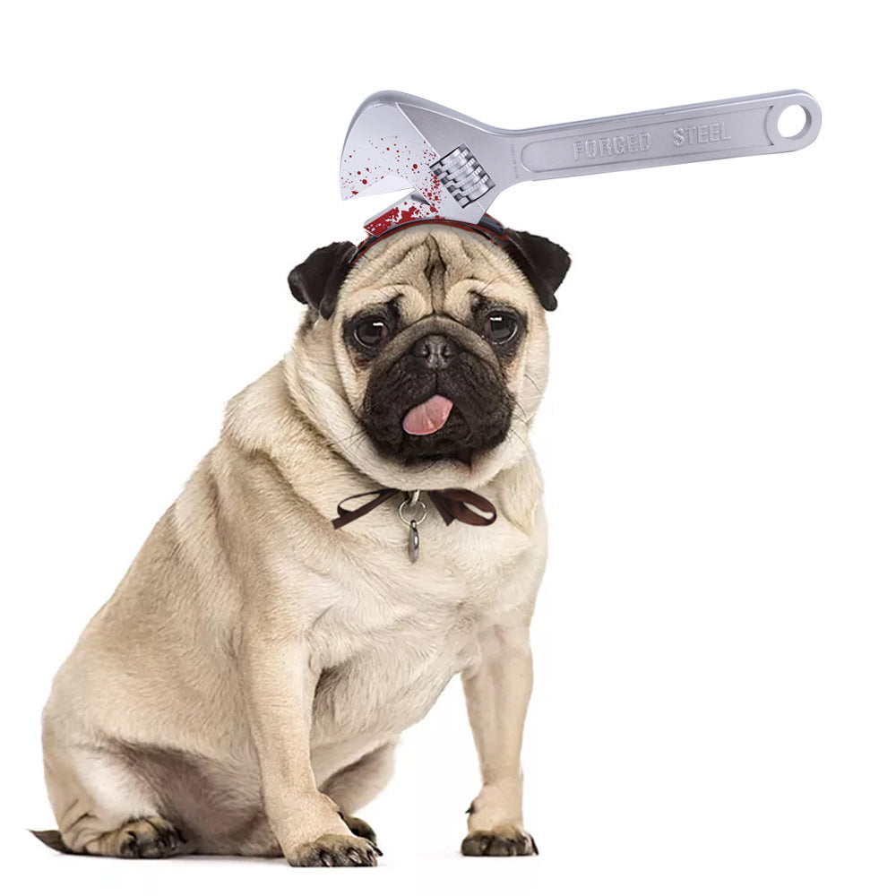 Fawn pug wearing beer bottle headgear with blood splatter design