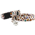Load image into Gallery viewer, Leopard print dog collar and matching leash with metal clips and black buckle
