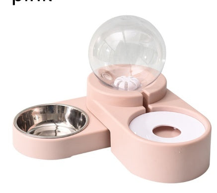 Pink automatic pet feeding station with spherical transparent water dispenser and stainless steel bowl