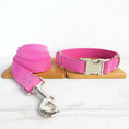 Load image into Gallery viewer, Pink velvet dog collar and leash set displayed side by side on wooden board
